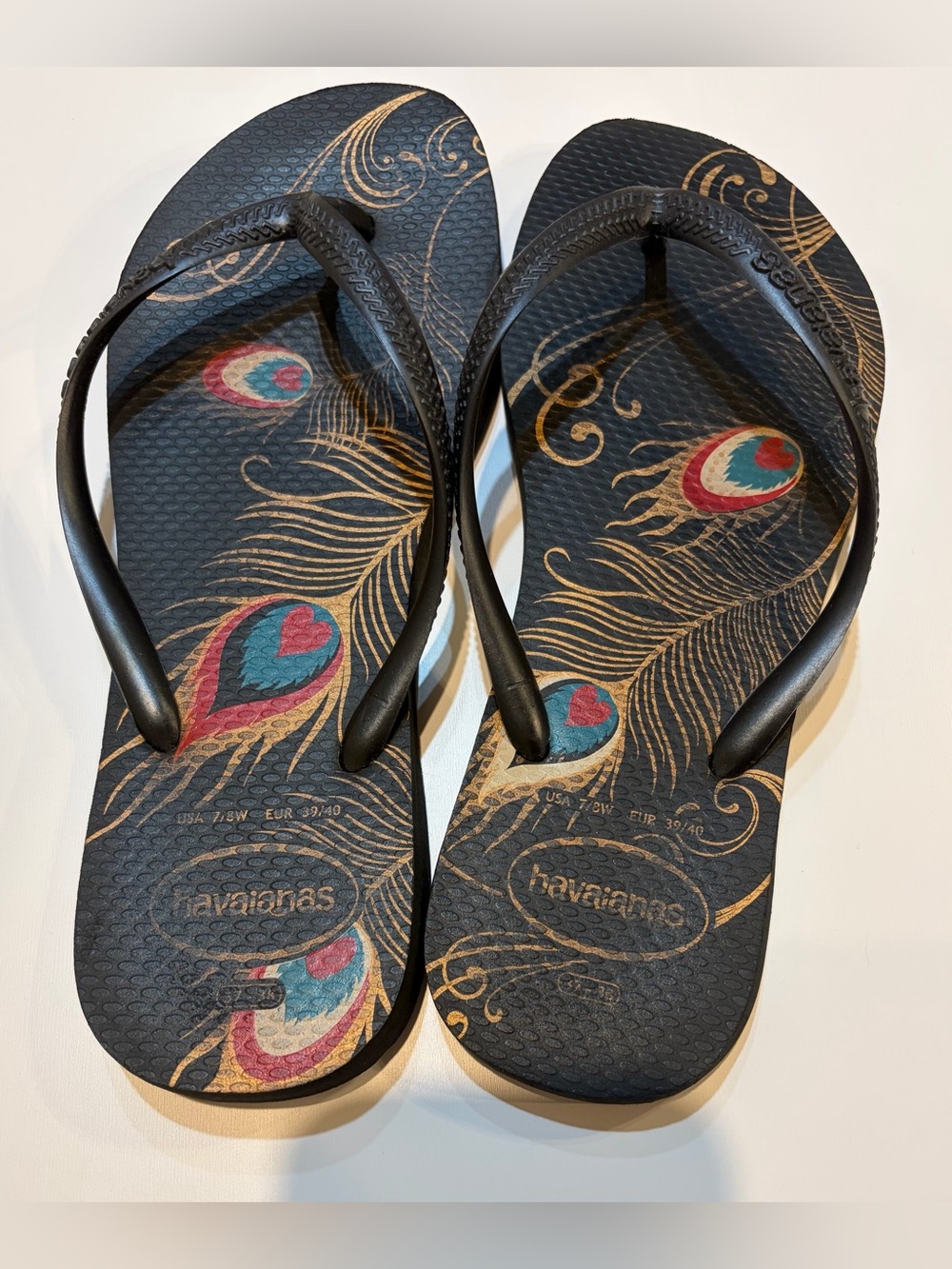 Havaianas Slim Peacock Fashion Black Gold Thong Flip-Flop Sandals Women’s